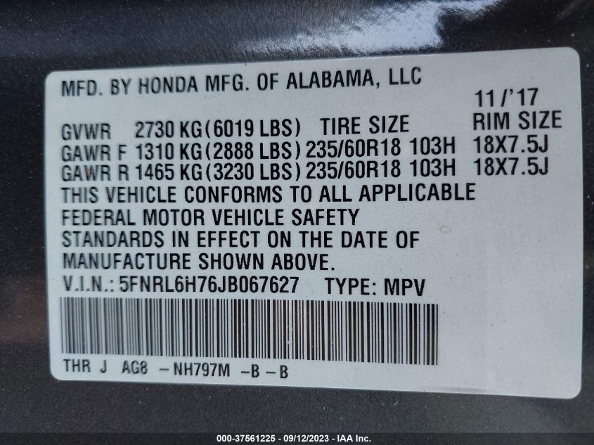 2018 HONDA ODYSSEY EX-L - 5FNRL6H76JB067627