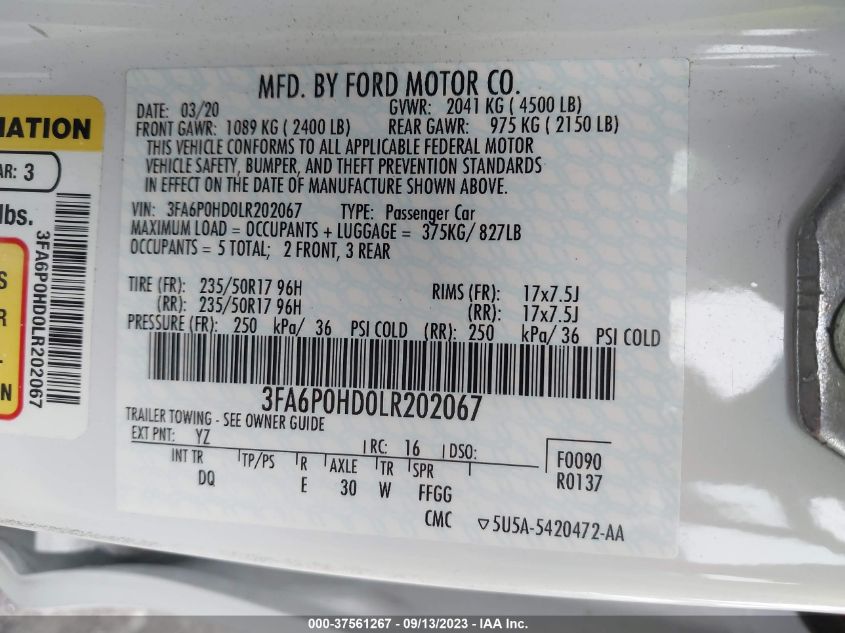 3FA6P0HD0LR202067 Ford Fusion SE 9