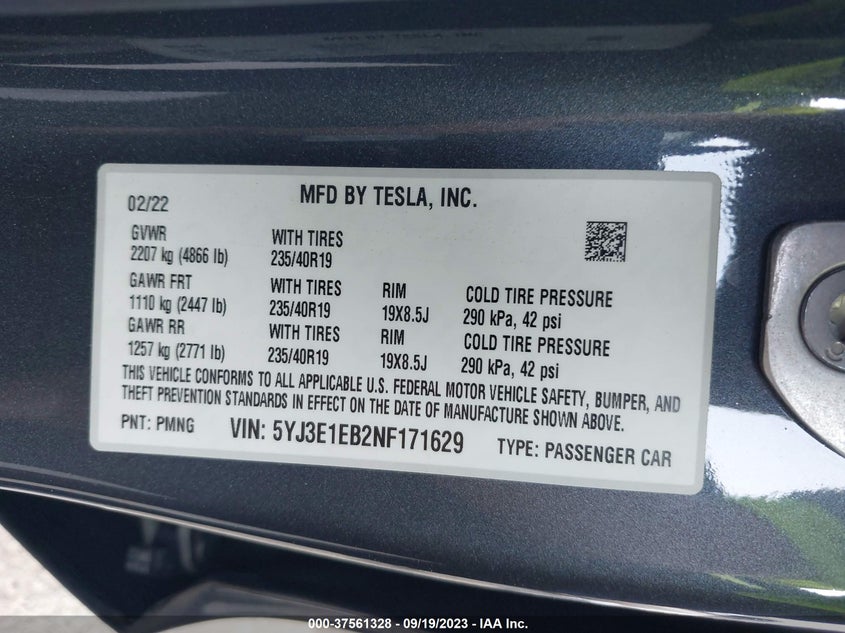 VIN 5YJ3E1EB2NF171629 2022 TESLA MODEL 3 LONG RANGE