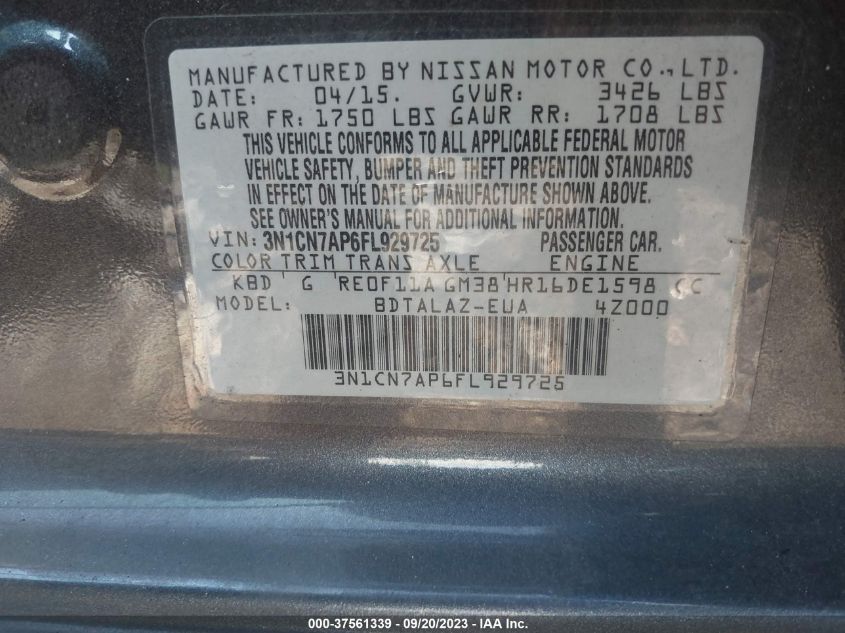 2015 NISSAN VERSA S PLUS - 3N1CN7AP6FL929725