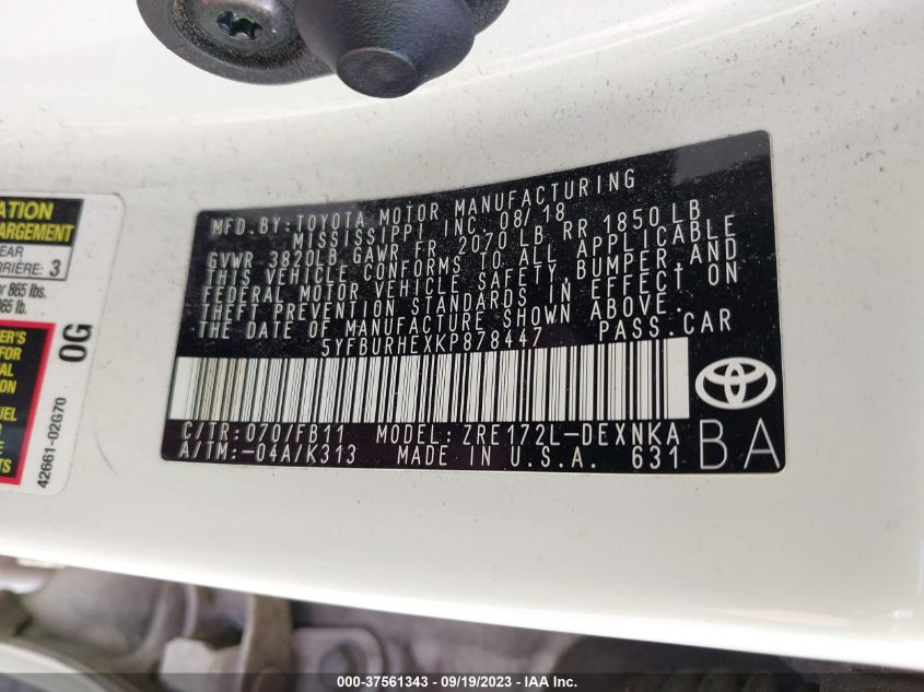 5YFBURHEXKP878447 Toyota Corolla L/LE/SE/XLE/XSE 9