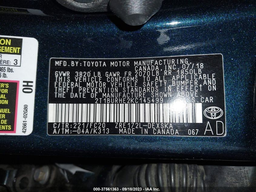 2019 TOYOTA COROLLA L/LE/SE/XLE/XSE - 2T1BURHE2KC145499