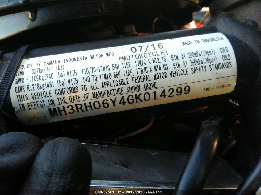 2016 YAMAHA YZFR3 MH3RH06Y4GK014299