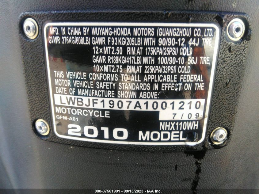 2010 HONDA NHX110 LWBJF1907A1001210