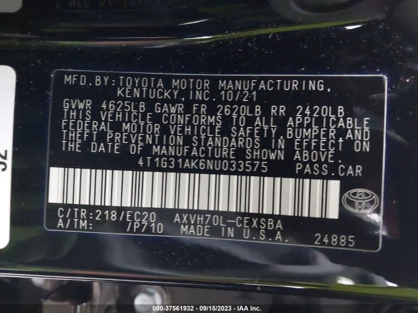 2022 TOYOTA CAMRY HYBRID - 4T1G31AK6NU033575