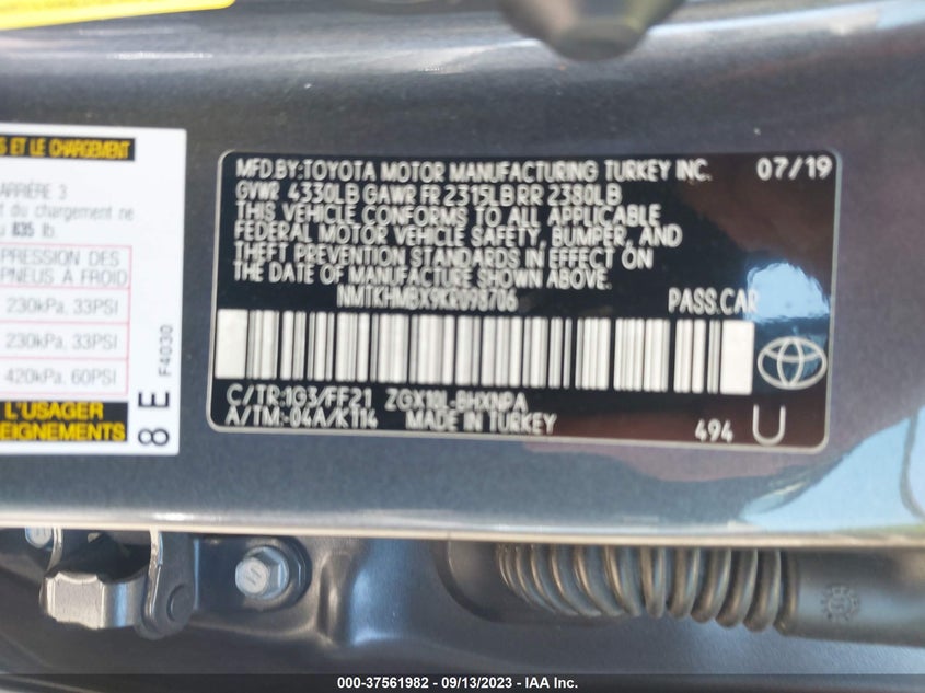 VIN NMTKHMBX9KR098706 2019 TOYOTA C-HR XLE/LE/LIMITED