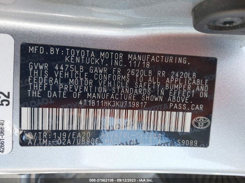 2019 TOYOTA CAMRY LE/SE/XLE/L - 4T1B11HK3KU719817