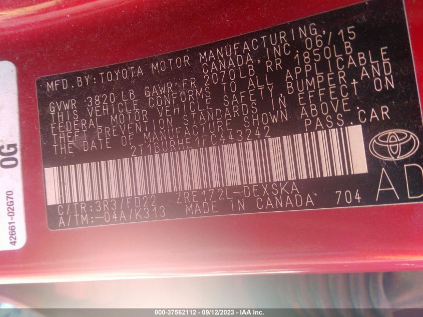 2015 TOYOTA COROLLA L/LE/S/S PLUS/LE PLUS - 2T1BURHE1FC443242