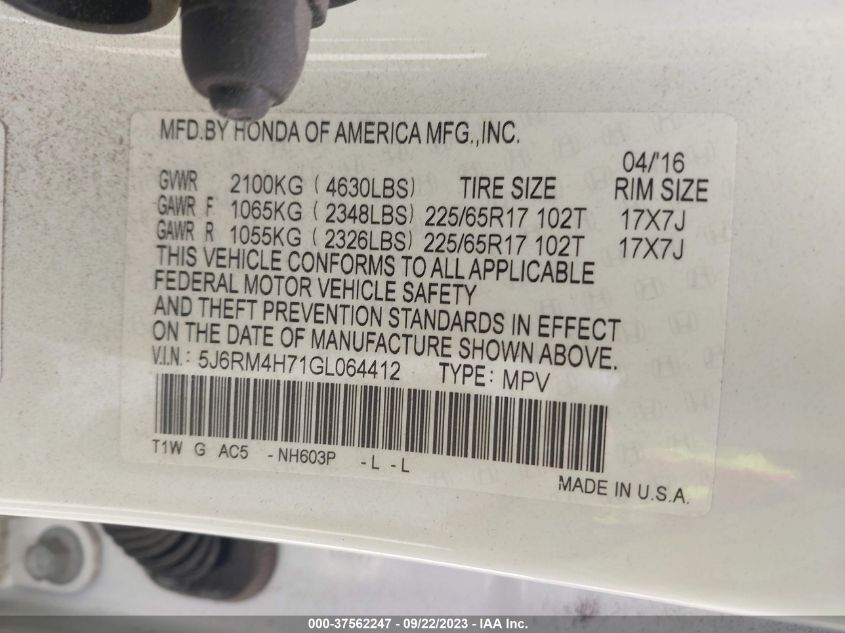 2016 HONDA CR-V EXL - 5J6RM4H71GL064412