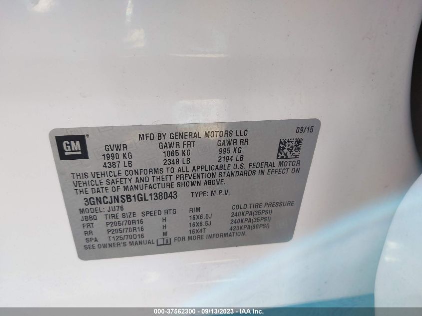 2016 CHEVROLET TRAX LS - 3GNCJNSB1GL138043