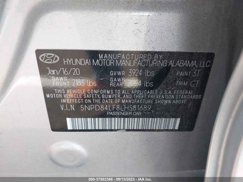 VIN 5NPD84LF8LH581689 2020 HYUNDAI ELANTRA SEL/VALUE/LIMITED