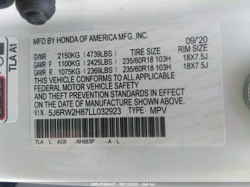 2020 HONDA CR-V EX-L - 5J6RW2H87LL032923