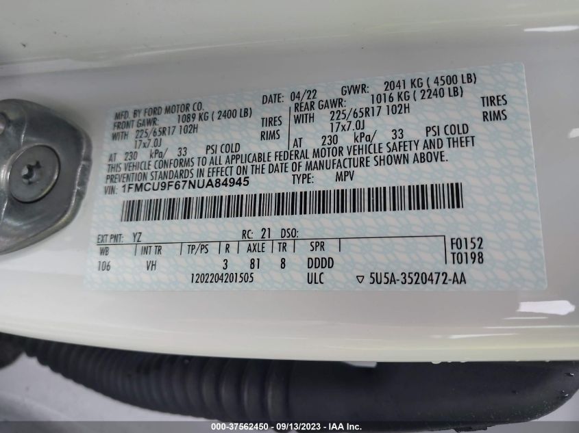 2022 FORD ESCAPE S - 1FMCU9F67NUA84945