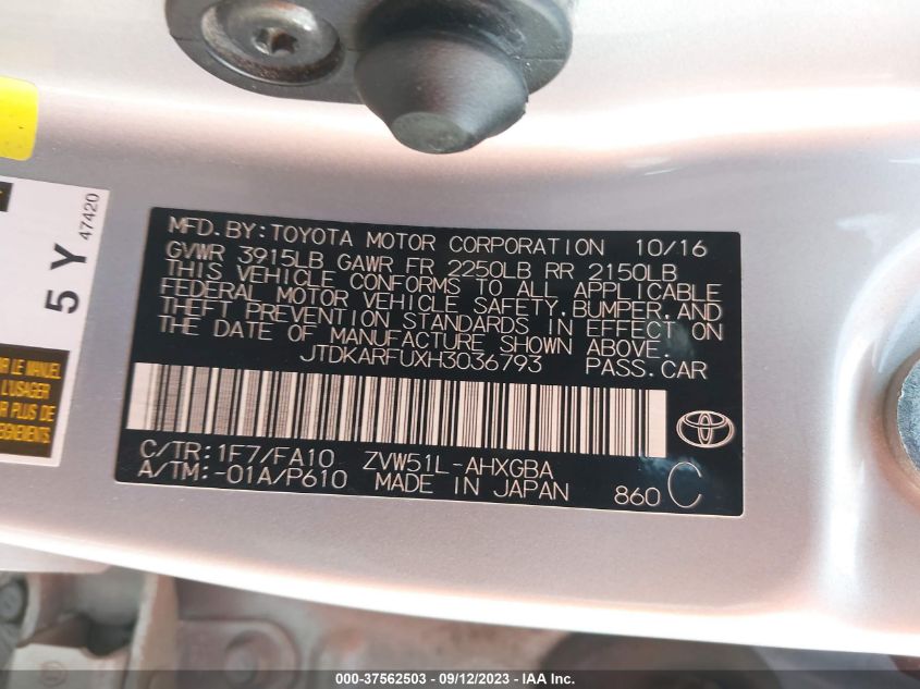 2017 TOYOTA PRIUS - JTDKARFUXH3036793