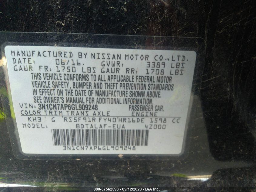 2016 NISSAN VERSA S/S PLUS/SV/SL - 3N1CN7AP6GL909248