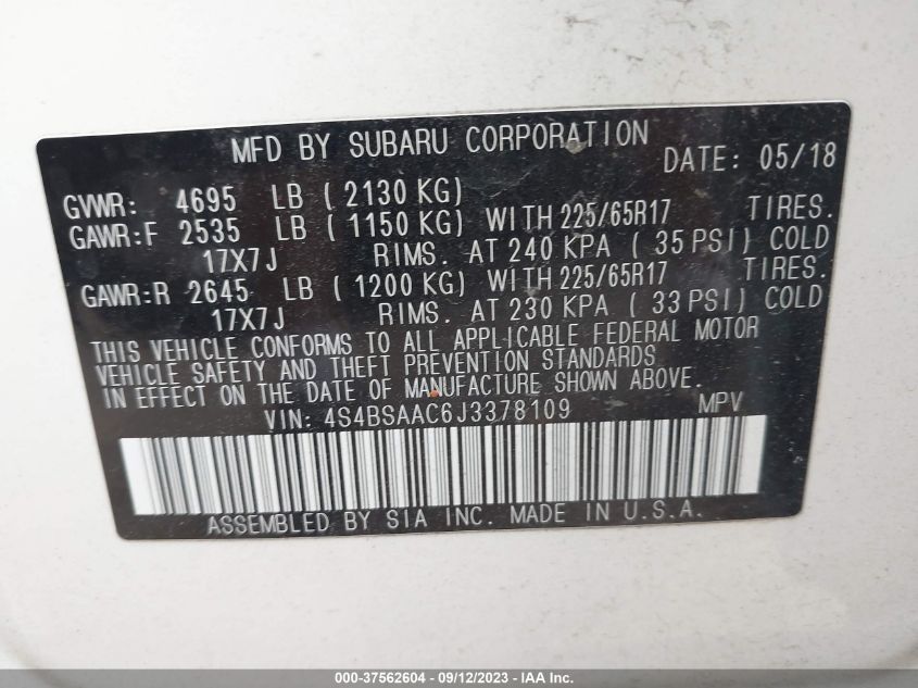 2018 SUBARU OUTBACK - 4S4BSAAC6J3378109