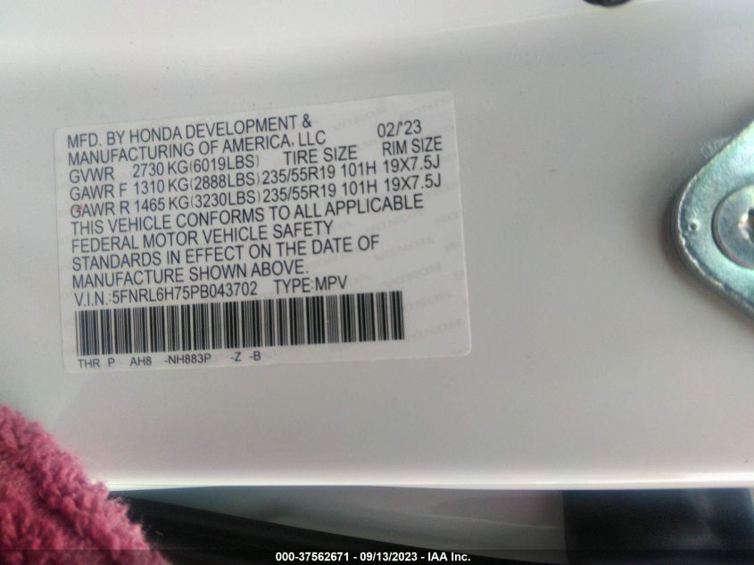 5FNRL6H75PB043702 Honda Odyssey SPORT 9