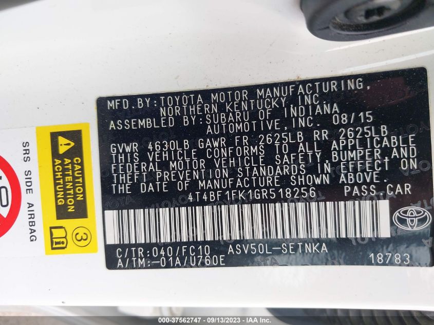 2016 TOYOTA CAMRY XLE/SE/LE/XSE - 4T4BF1FK1GR518256