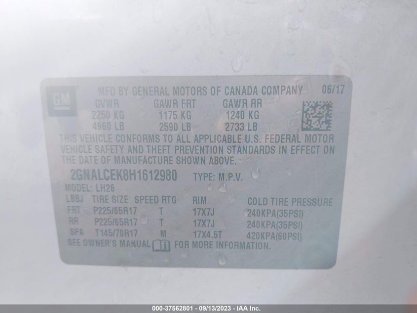 VIN 2GNALCEK8H1612980 2017 CHEVROLET EQUINOX LT