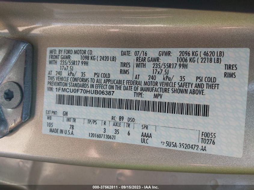 2017 FORD ESCAPE S - 1FMCU0F70HUB06387