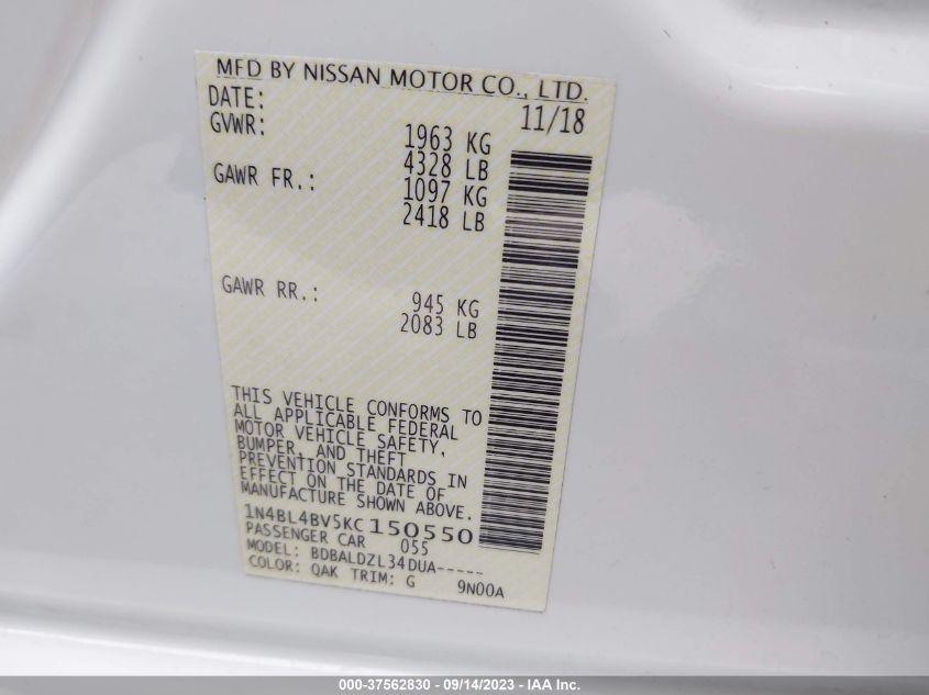 2019 NISSAN ALTIMA 2.5 S - 1N4BL4BV5KC150550