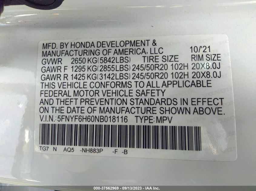 2022 HONDA PILOT TOURING 7-PASSENGER - 5FNYF6H60NB018116