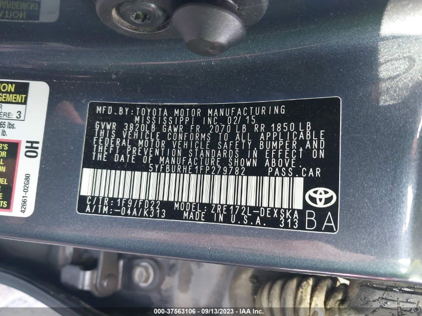 2015 TOYOTA COROLLA L/LE/S/S PLUS/LE PLUS - 5YFBURHE1FP279782