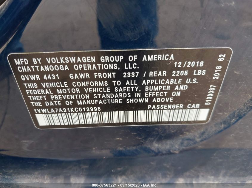 2019 VOLKSWAGEN PASSAT 2.0T WOLFSBURG EDITION - 1VWLA7A31KC013995