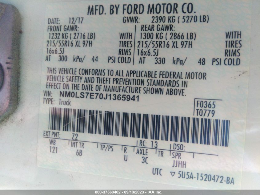 2018 FORD TRANSIT CONNECT VAN XL NM0LS7E70J1365941