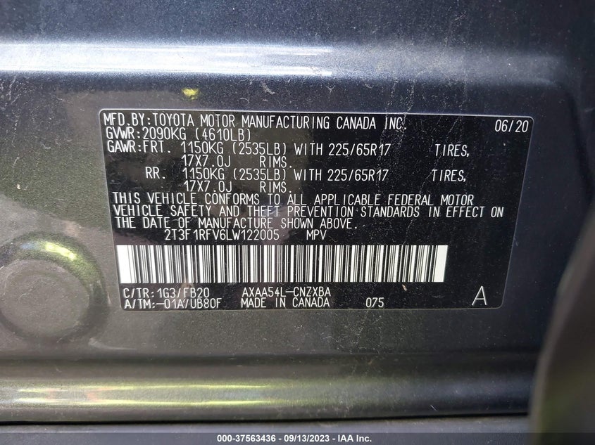 VIN 2T3F1RFV6LW122005 2020 TOYOTA RAV4 LE