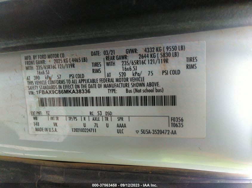 2021 FORD TRANSIT PASSENGER WAGON XL/XLT 1FBAX9C86MKA38336