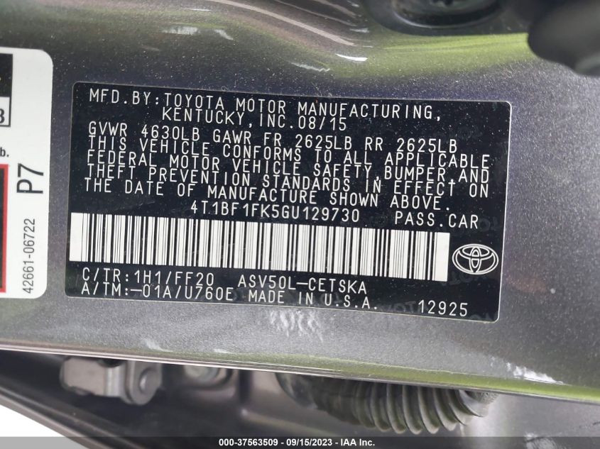 2016 TOYOTA CAMRY XLE/SE/LE/XSE - 4T1BF1FK5GU129730