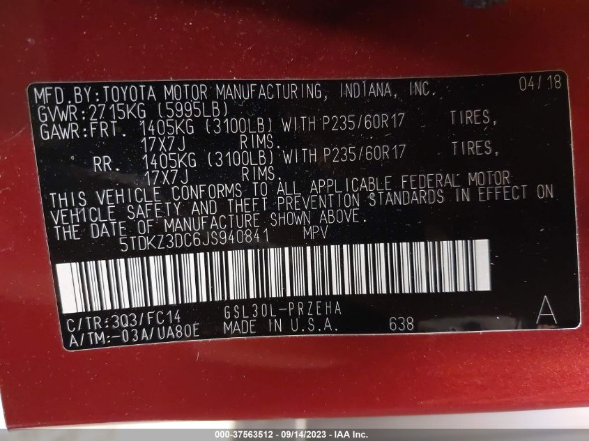 2018 TOYOTA SIENNA LE - 5TDKZ3DC6JS940841