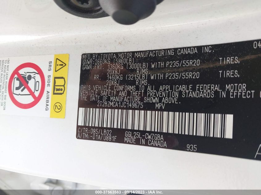 VIN 2T2BZMCA1JC149675 2018 LEXUS RX RX 350