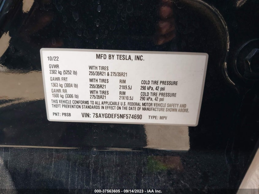 VIN 7SAYGDEF5NF574690 2022 TESLA MODEL Y PERFORMANCE