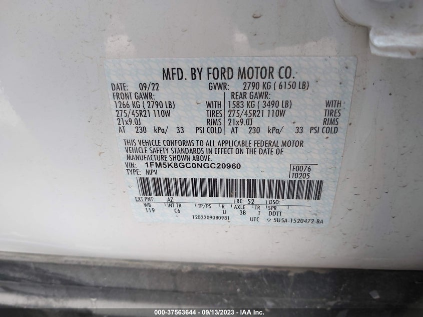 VIN 1FM5K8GC0NGC20960 2022 FORD EXPLORER ST