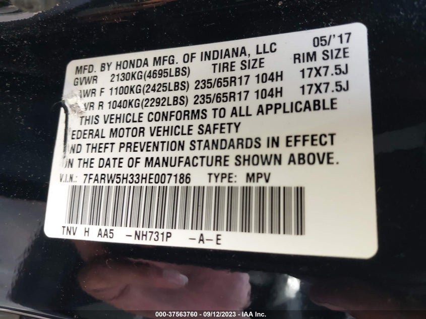 VIN 7FARW5H33HE007186 2017 HONDA CR-V LX