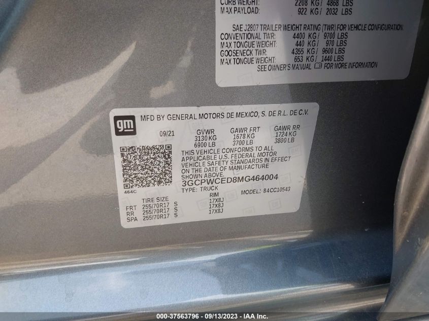 2021 CHEVROLET SILVERADO 1500 LT - 3GCPWCED8MG464004