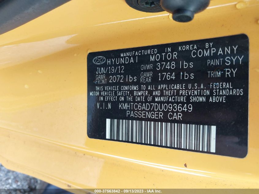 2013 HYUNDAI VELOSTER W/BLACK INT - KMHTC6AD7DU093649