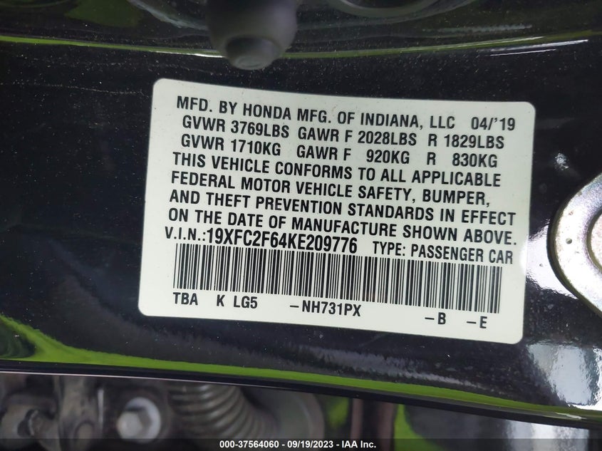 VIN 19XFC2F64KE209776 2019 HONDA CIVIC SEDAN LX