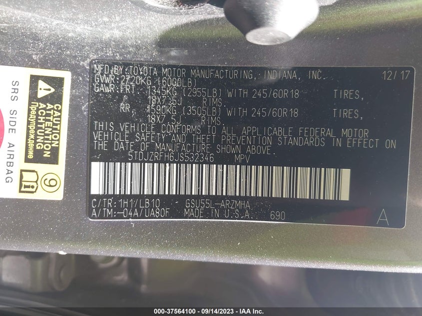 VIN 5TDJZRFH6JS532346 2018 TOYOTA HIGHLANDER XLE