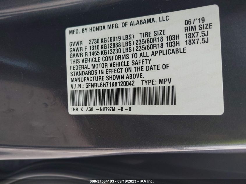 5FNRL6H71KB120042 Honda Odyssey EX-L 9