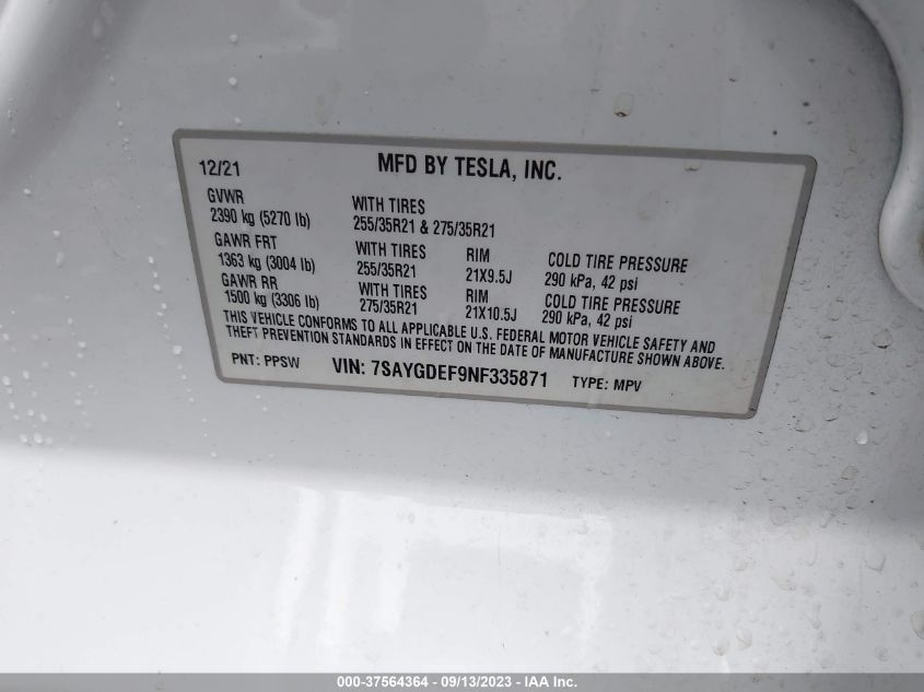 2022 TESLA MODEL Y PERFORMANCE - 7SAYGDEF9NF335871