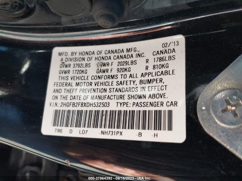 2013 HONDA CIVIC SDN EX - 2HGFB2F8XDH532503