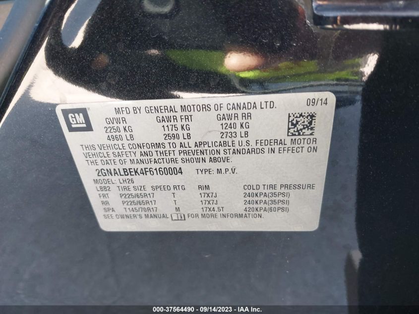 2015 CHEVROLET EQUINOX LT - 2GNALBEK4F6160004