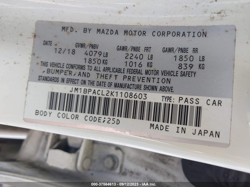 VIN JM1BPACL2K1108603 2019 MAZDA MAZDA3 SEDAN W/SELECT PKG