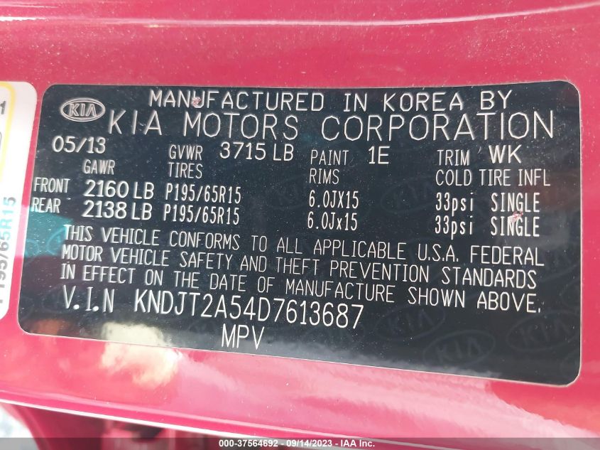 2013 KIA SOUL BASE - KNDJT2A54D7613687