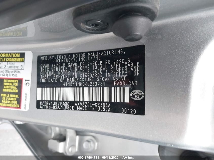 2019 TOYOTA CAMRY LE/SE/XLE/L - 4T1B11HK0KU253781
