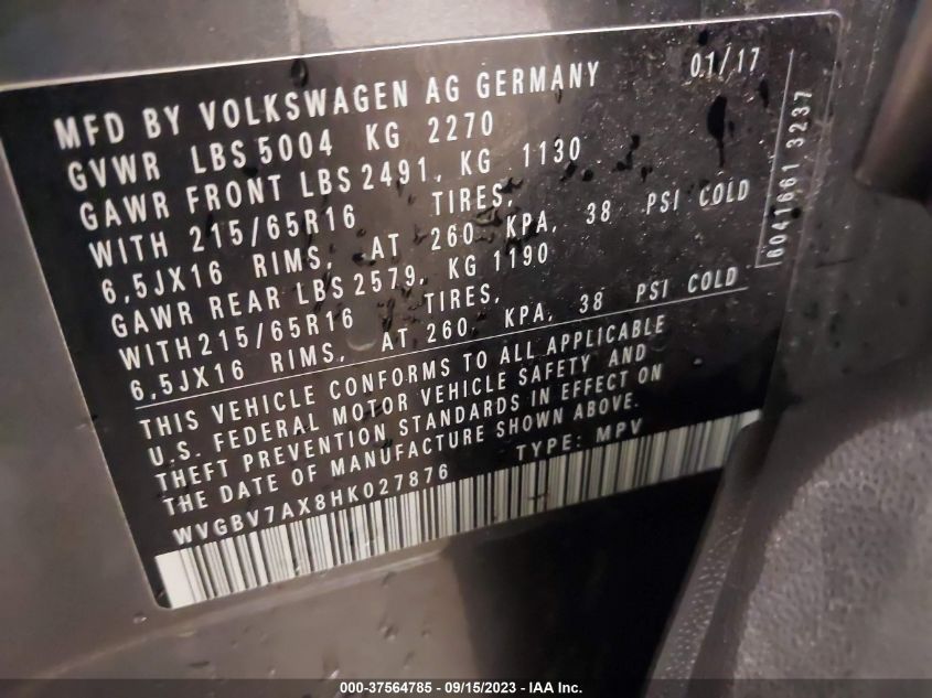 2017 VOLKSWAGEN TIGUAN - WVGBV7AX8HK027876