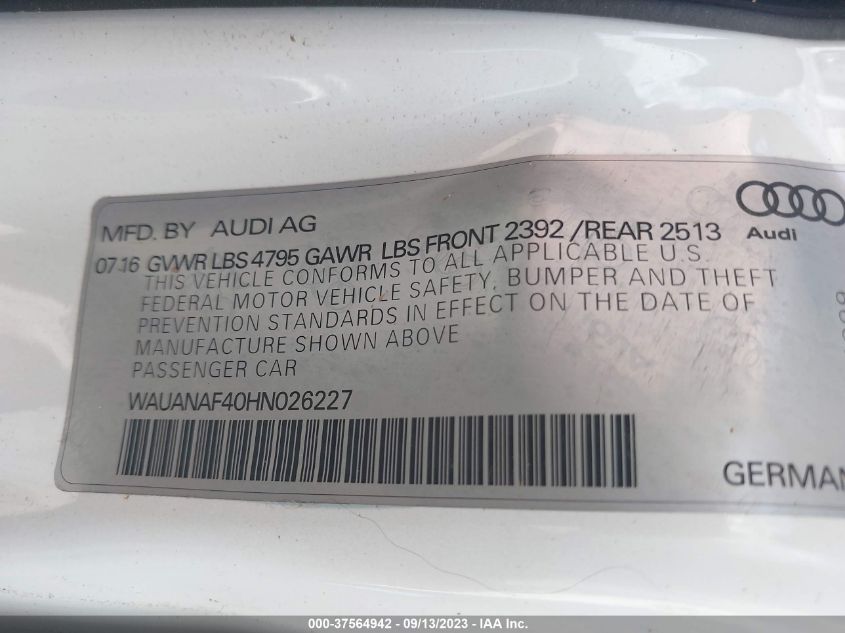 2017 AUDI A4 PREMIUM - WAUANAF40HN026227